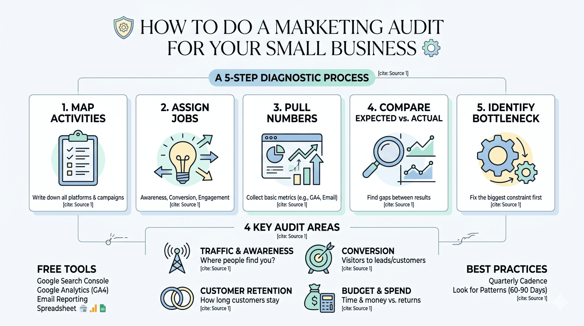 An infographic titled, 'How to do a Marketing Audit for your Small Business' that breaks down a five-step diagnostic process.
